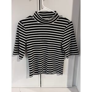 Maeve Anthropologie Mock Neck Top Striped Ribbed Black And White Size Small